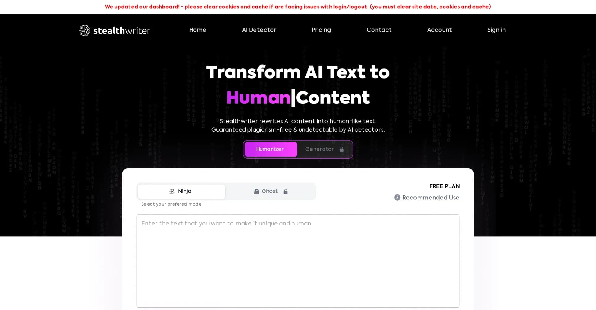 StealthWriter homepage screenshot — Transform AI text into undetectable human content.