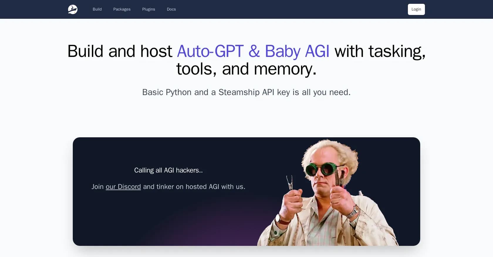Steamship homepage screenshot — Host Auto-GPT & Baby AGI projects with custom tools and memo