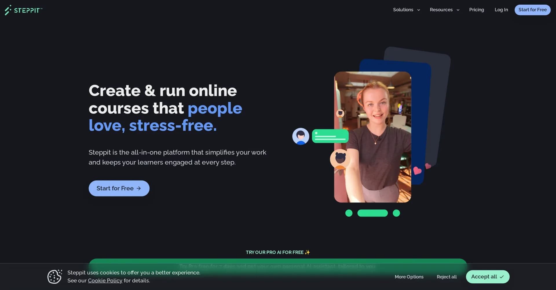 Steppit homepage screenshot — Create and sell AI-powered online courses effortlessly.
