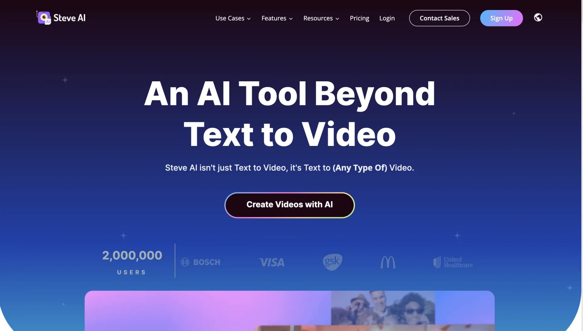 Steve AI homepage screenshot — From text to video, master all with AI.