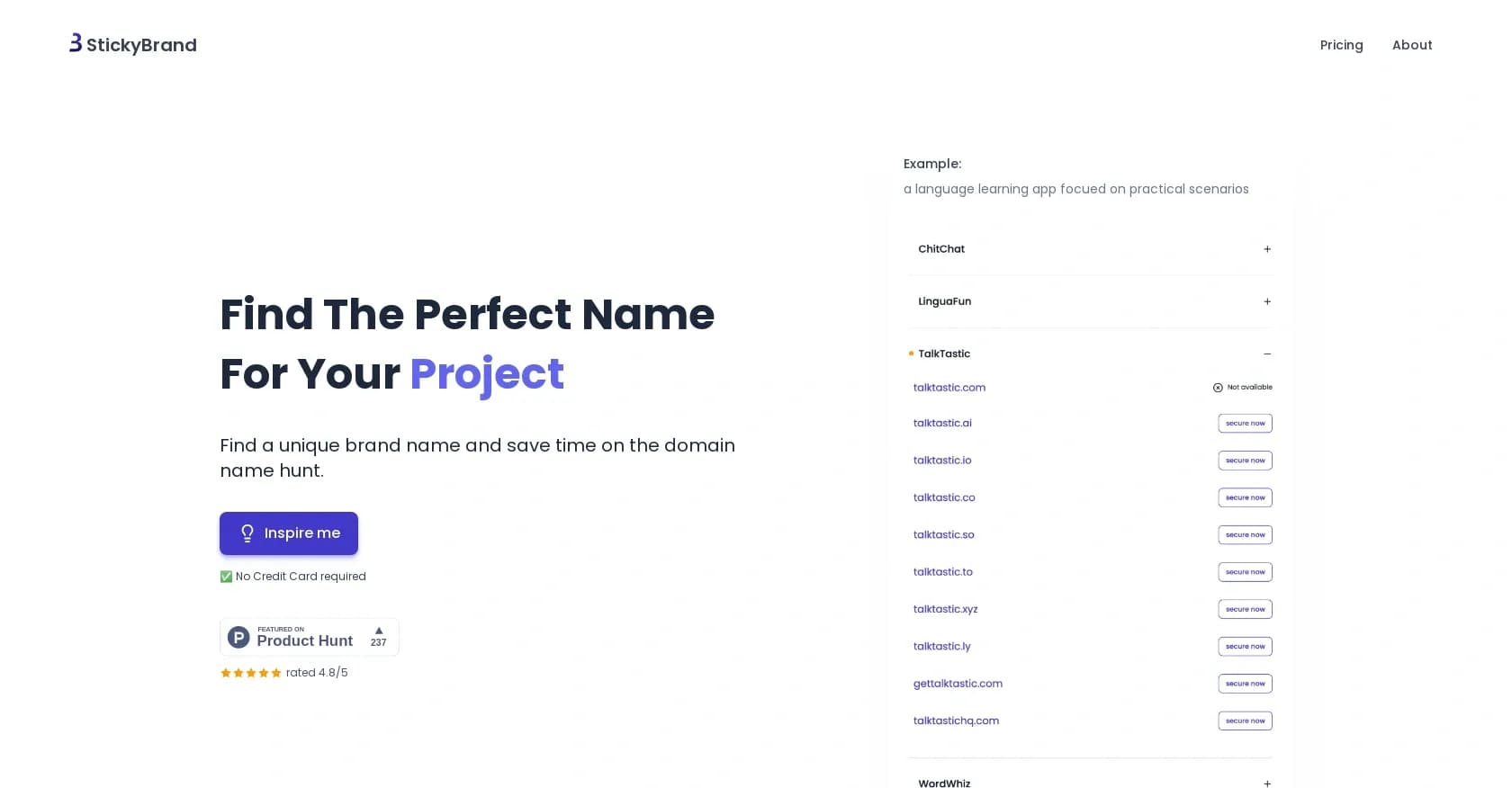 StickyBrand homepage screenshot — Generate unique business names with instant domain checks