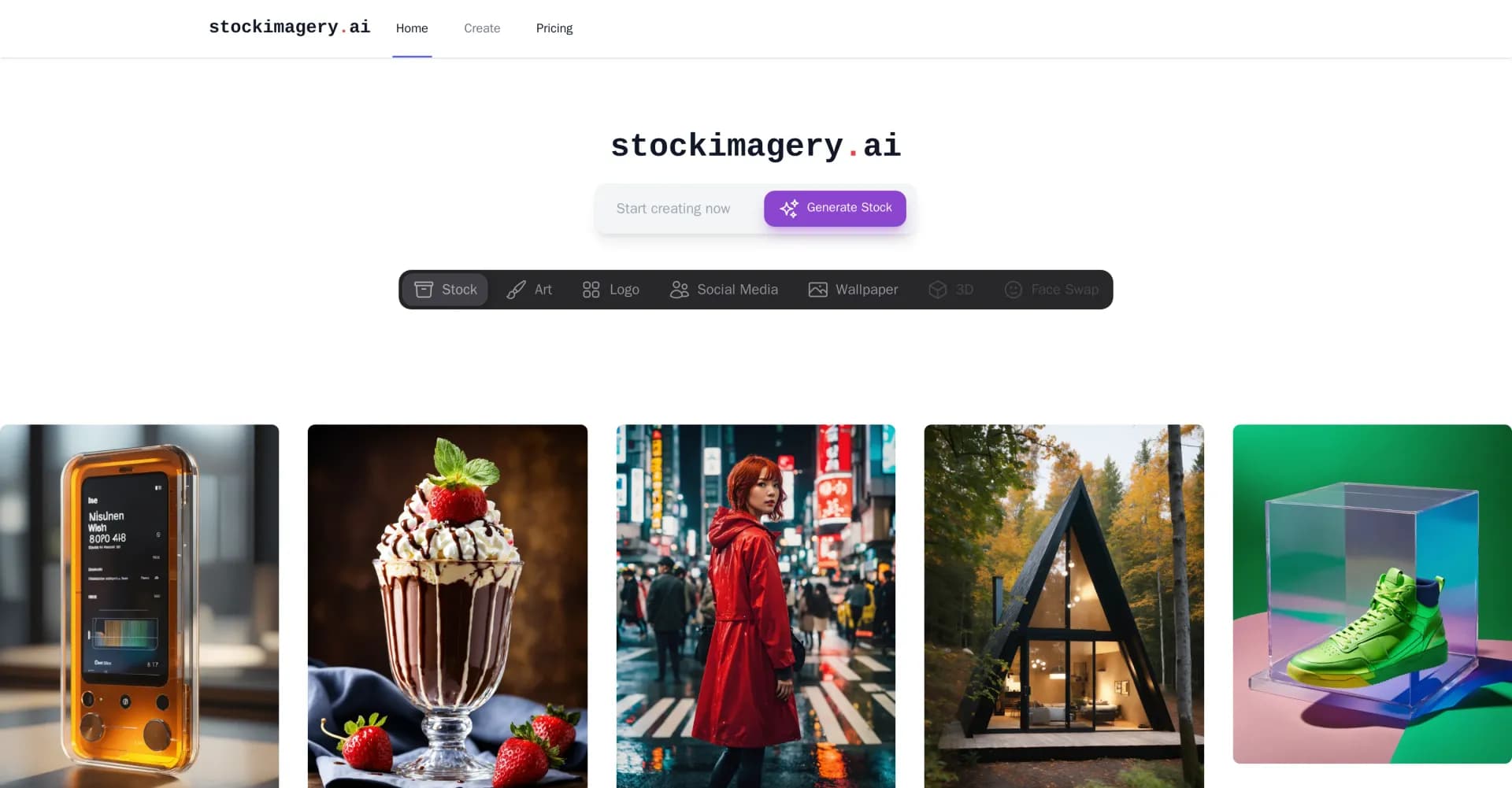 StockImagery homepage screenshot — Generate hyper-realistic AI images for free.