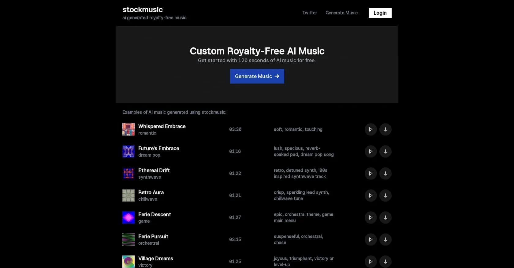 Stockmusic homepage screenshot — Create custom AI-generated royalty-free music