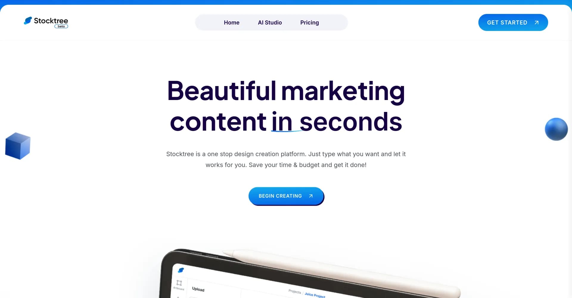 Stocktree Studio homepage screenshot — Create beautiful marketing content instantly with AI.