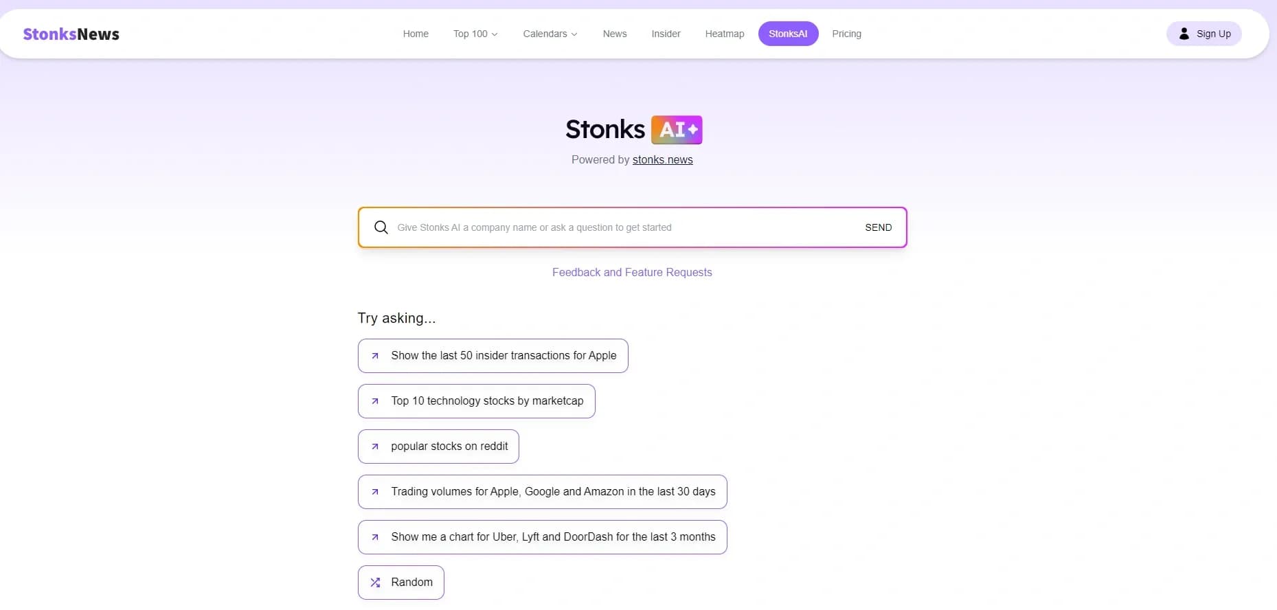 Stonks GPT homepage screenshot — AI-powered financial news and stock insights
