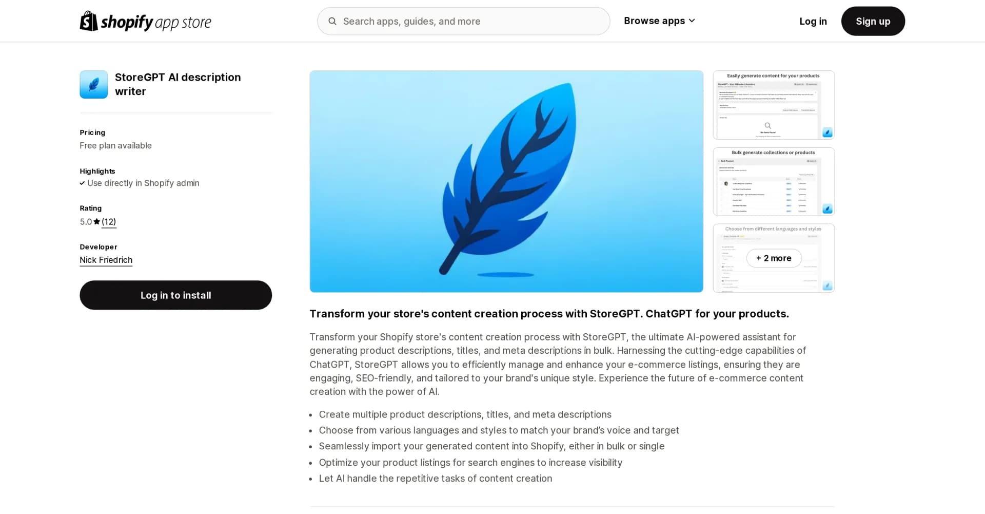 StoreGPT AI Description Writer homepage screenshot — AI-powered product descriptions for increased sales