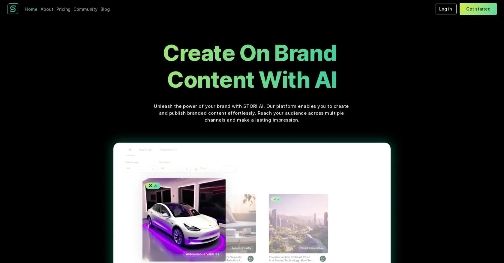 StoriAI homepage screenshot — Create on-brand content effortlessly with AI.
