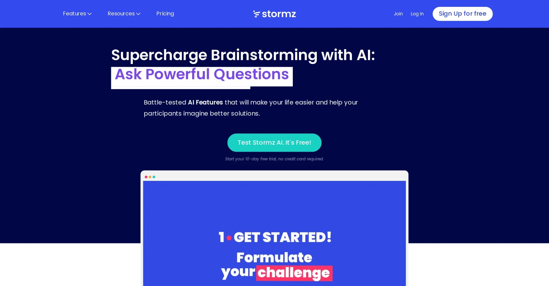 Stormz homepage screenshot — Supercharge brainstorming with AI-powered features