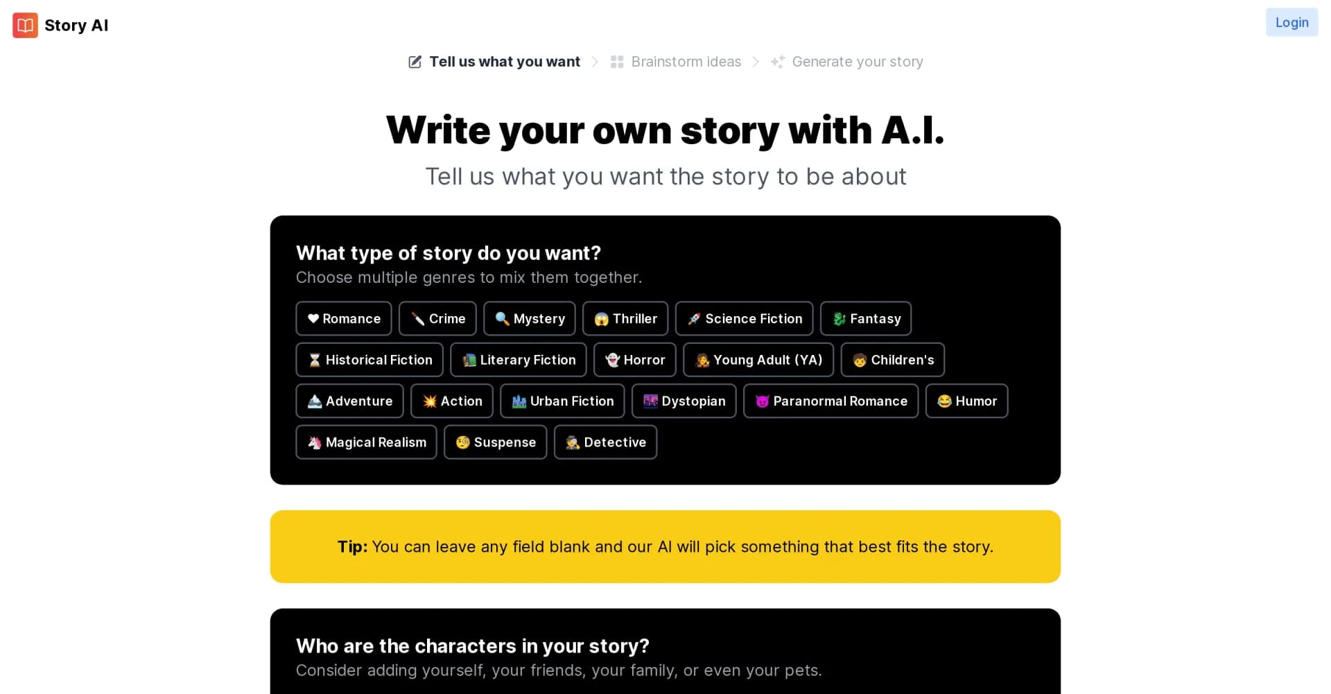 Story AI homepage screenshot — Write your own story with AI