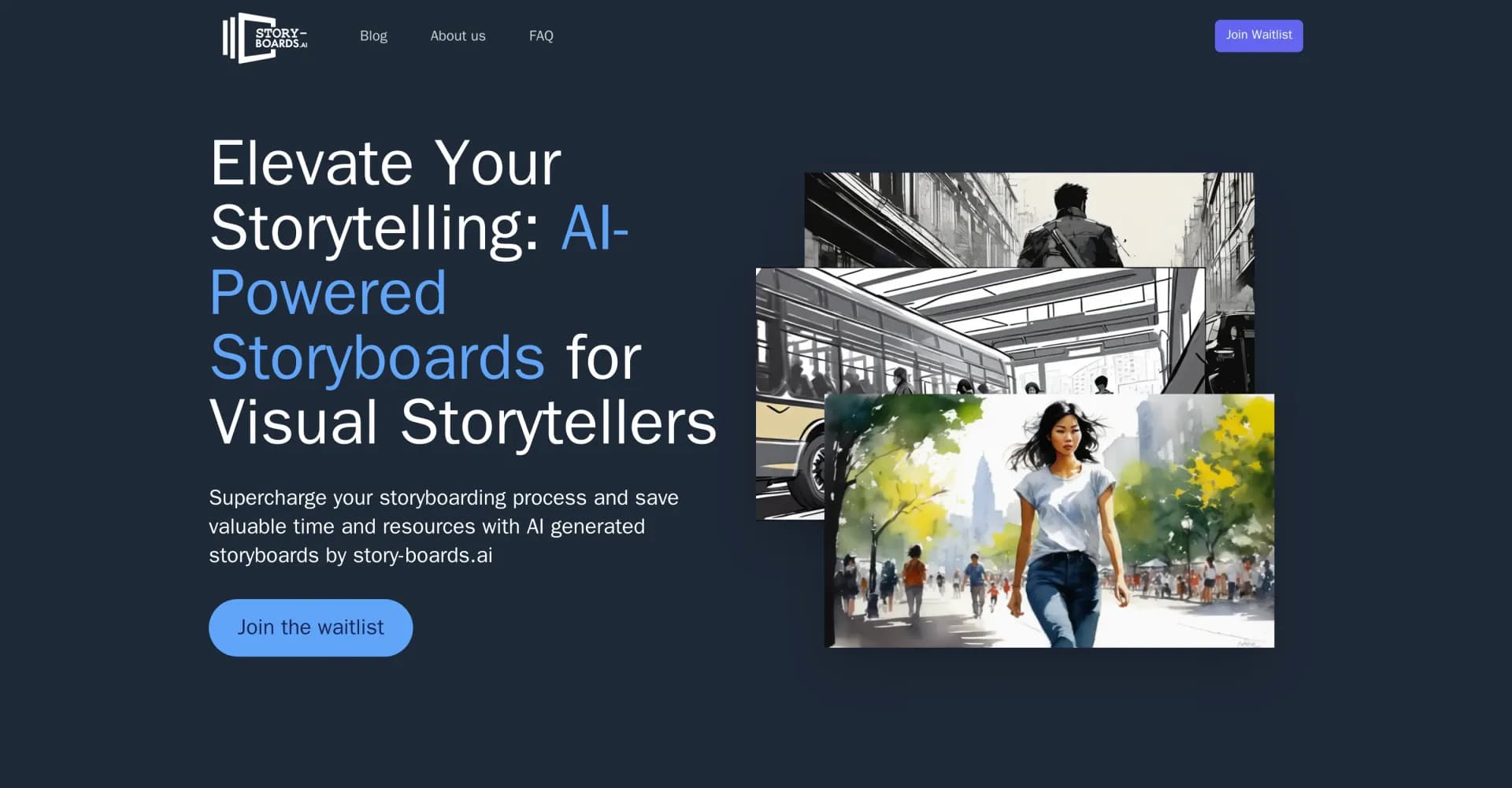 Story Boards AI homepage screenshot — AI-powered storyboards for visual storytellers