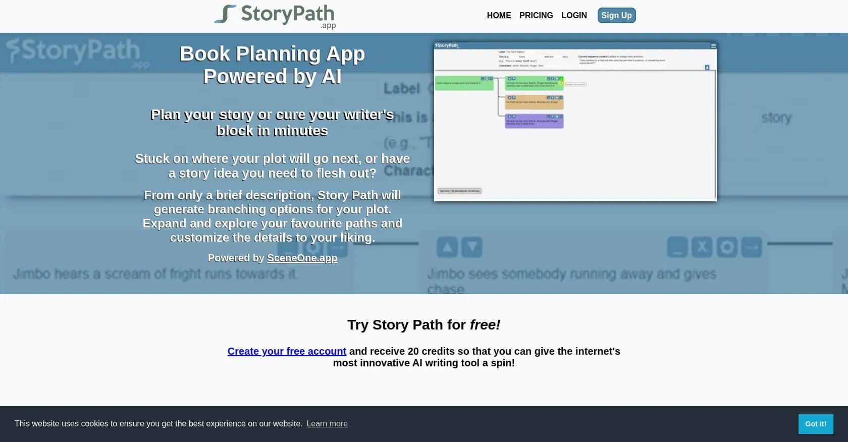 Story Path homepage screenshot — Cure writer's block and plan stories with AI