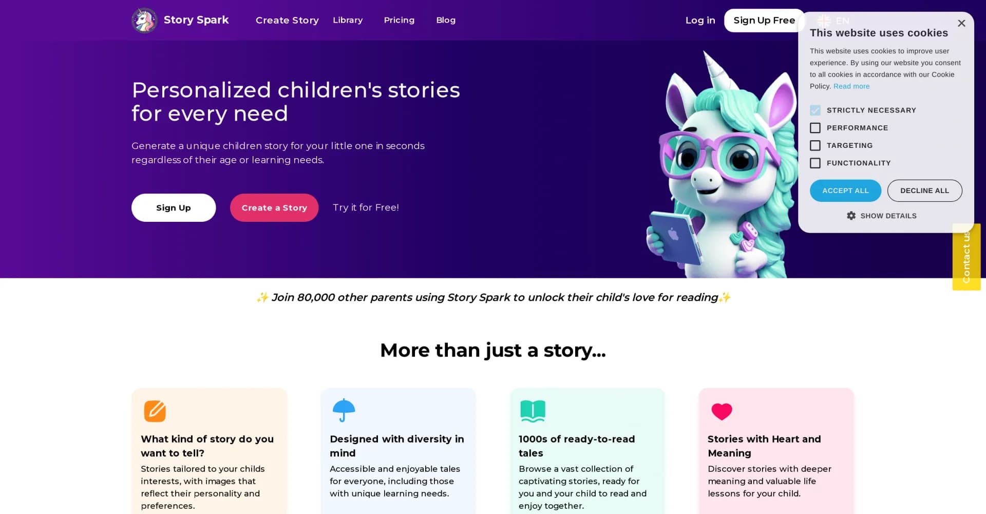 Story Spark homepage screenshot — Kid-friendly storytelling with heart and innovation.