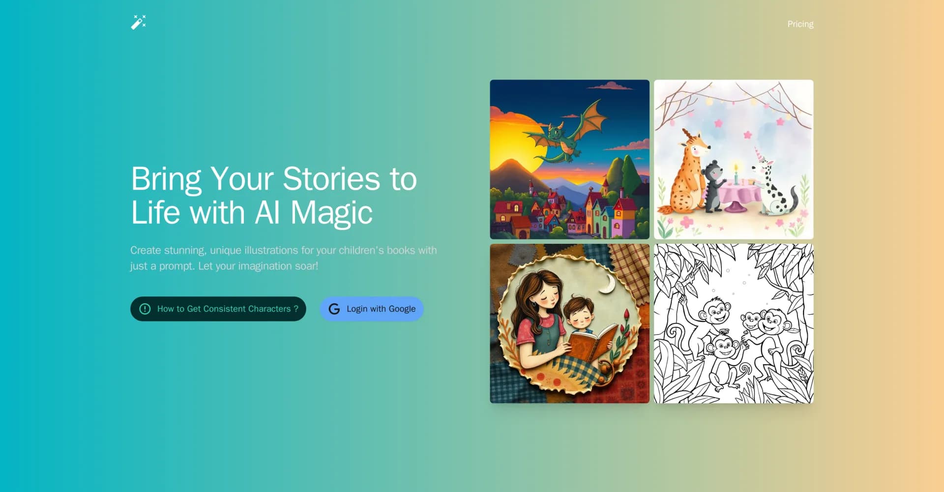 StoryArtAI homepage screenshot — Bring children's stories to life with AI-generated illustrat