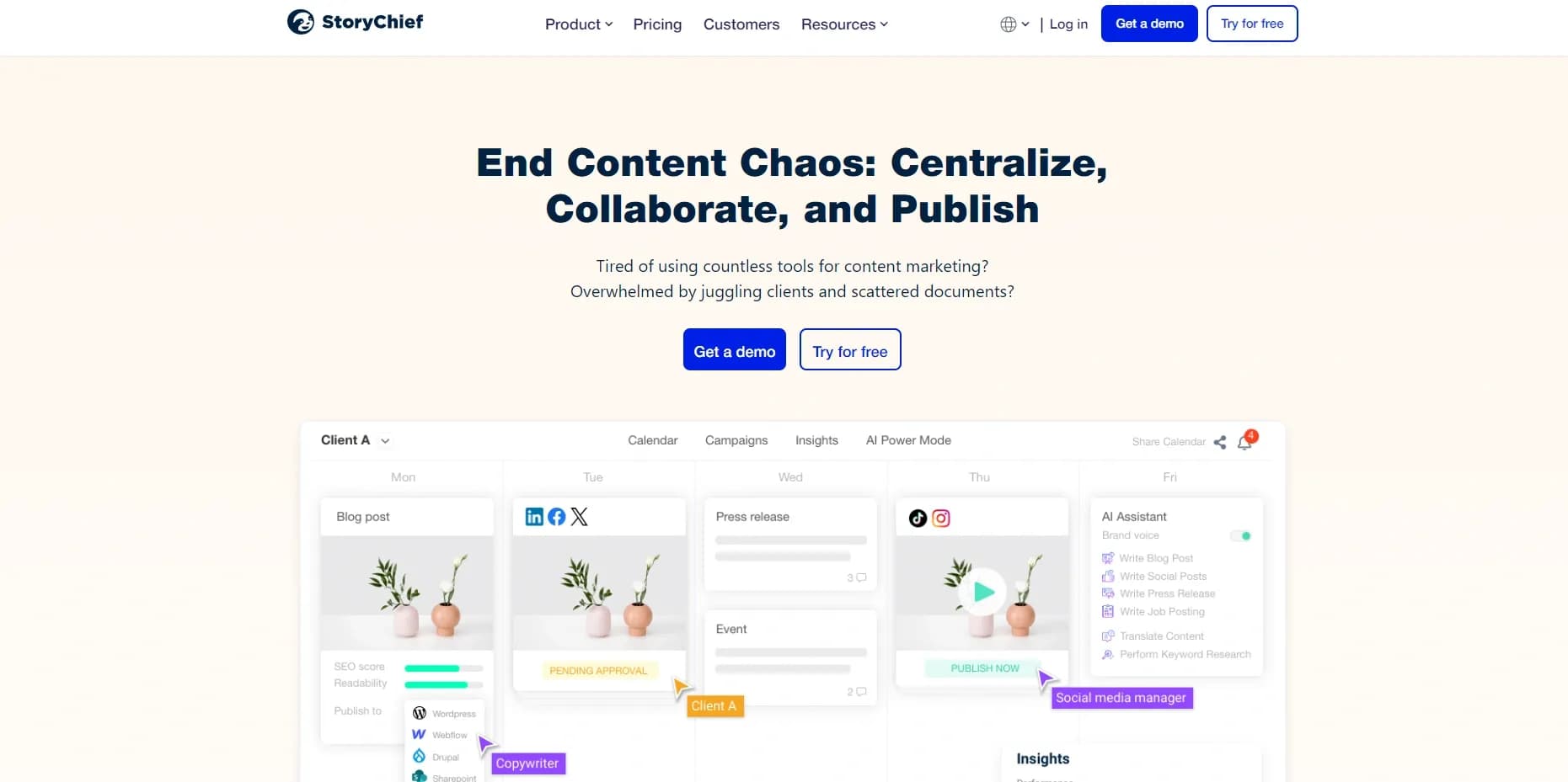 StoryChief homepage screenshot — Streamline content creation and distribution across channels