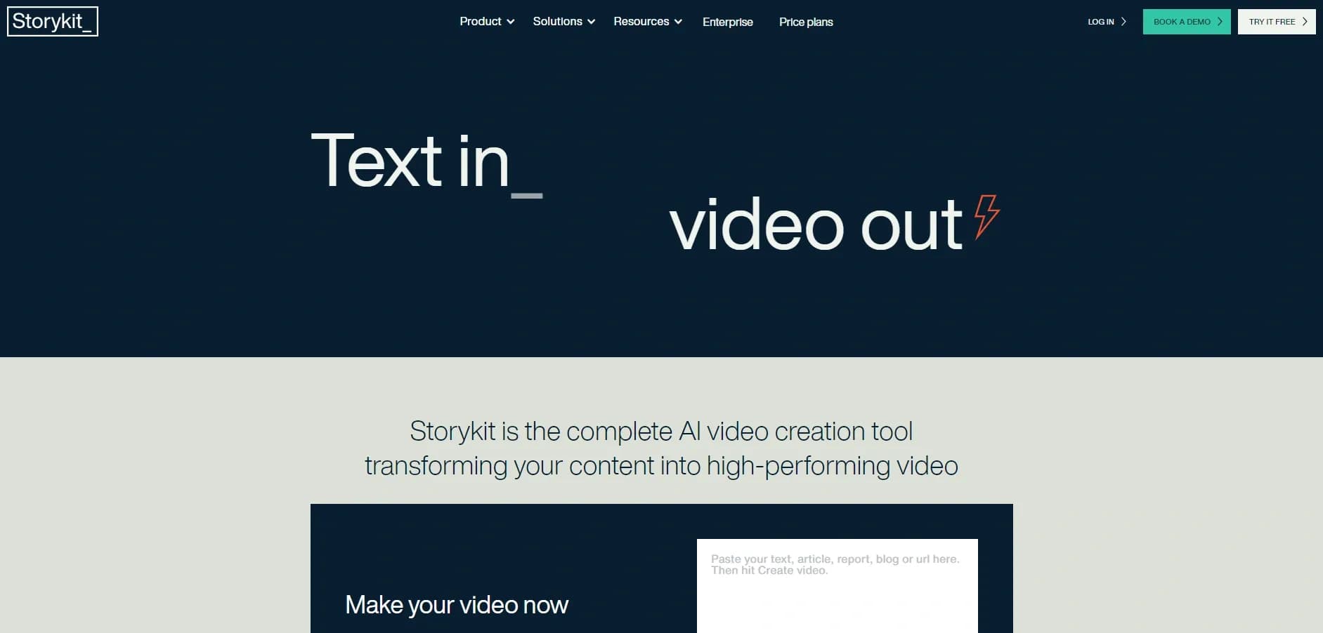 Storykit homepage screenshot — Create video content from any text in minutes