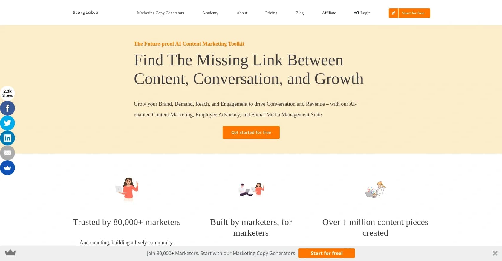 StoryLab homepage screenshot — Storytelling AI for modern marketers