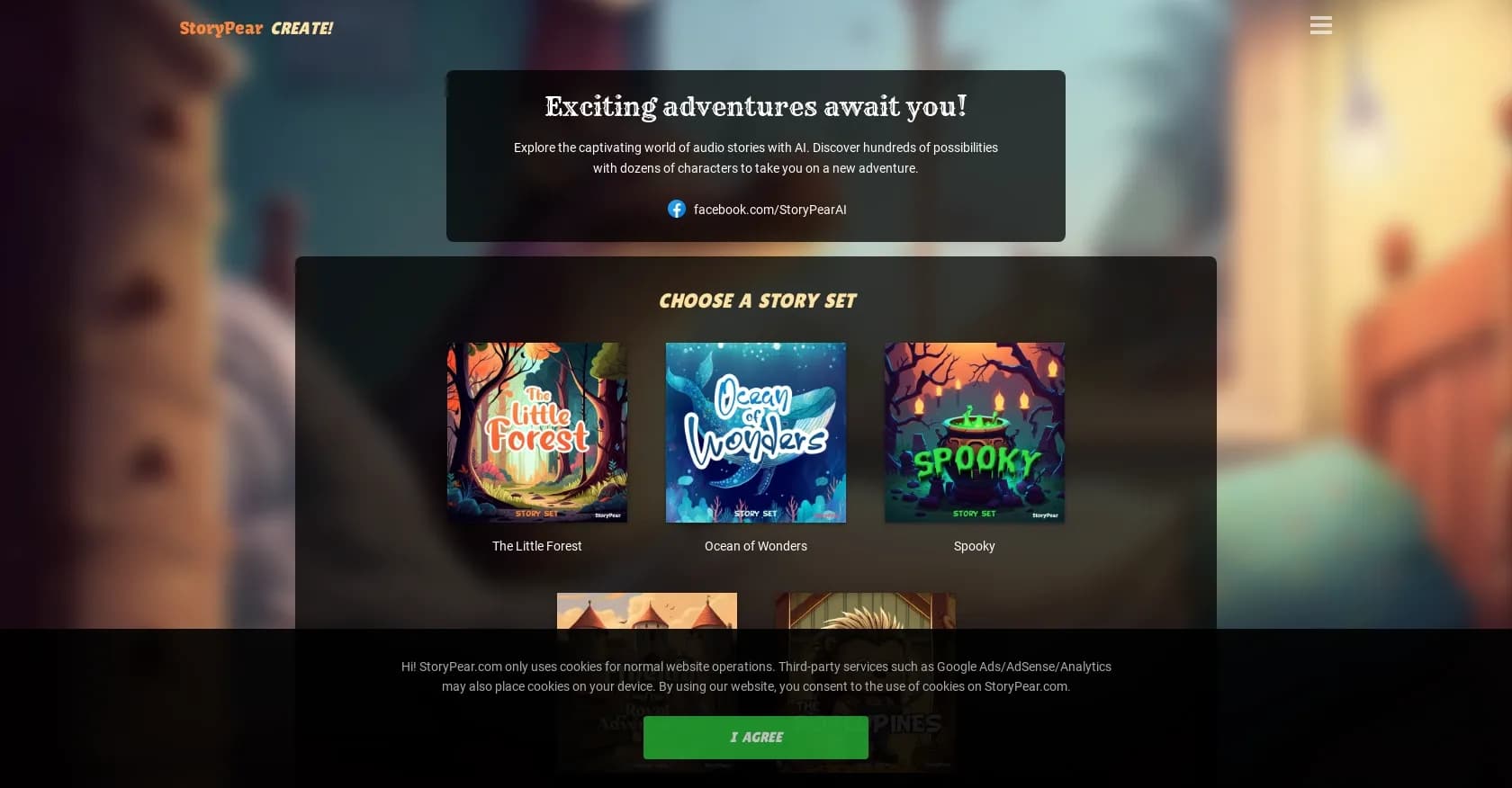 StoryPear homepage screenshot — AI-powered audio stories for children's adventures.