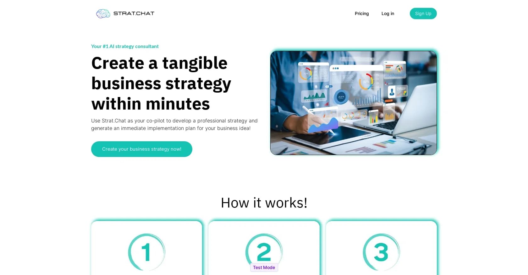 Strat.Chat homepage screenshot — AI-powered business strategy in minutes