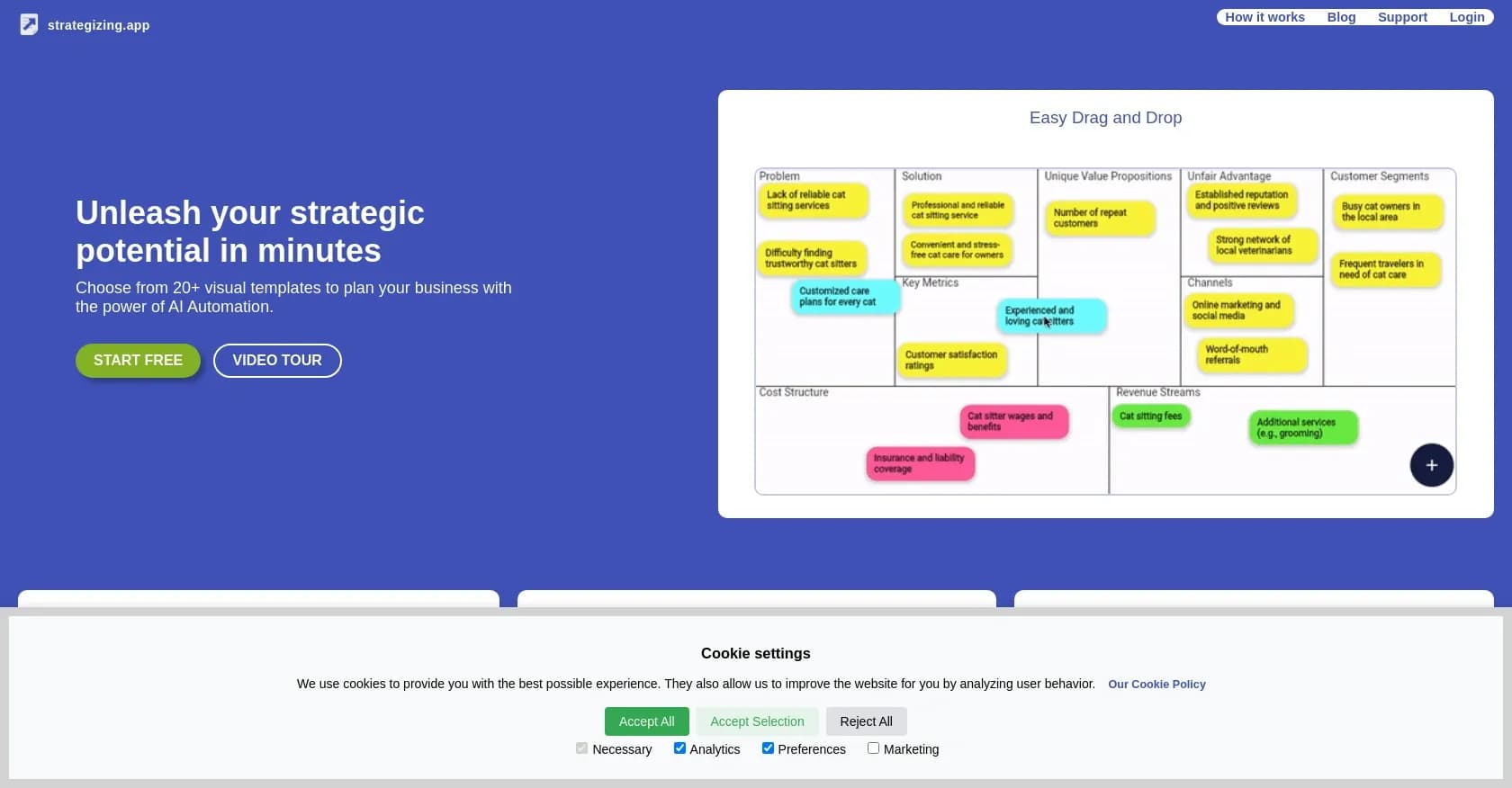 Strategizing App homepage screenshot — AI-powered strategic planning and business modeling.