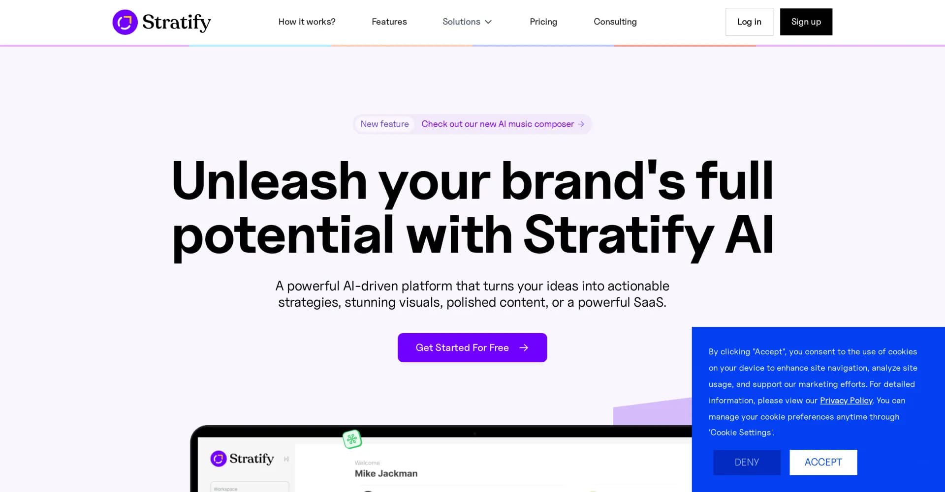 Stratify homepage screenshot — Unleash your brand's potential with AI-driven tools
