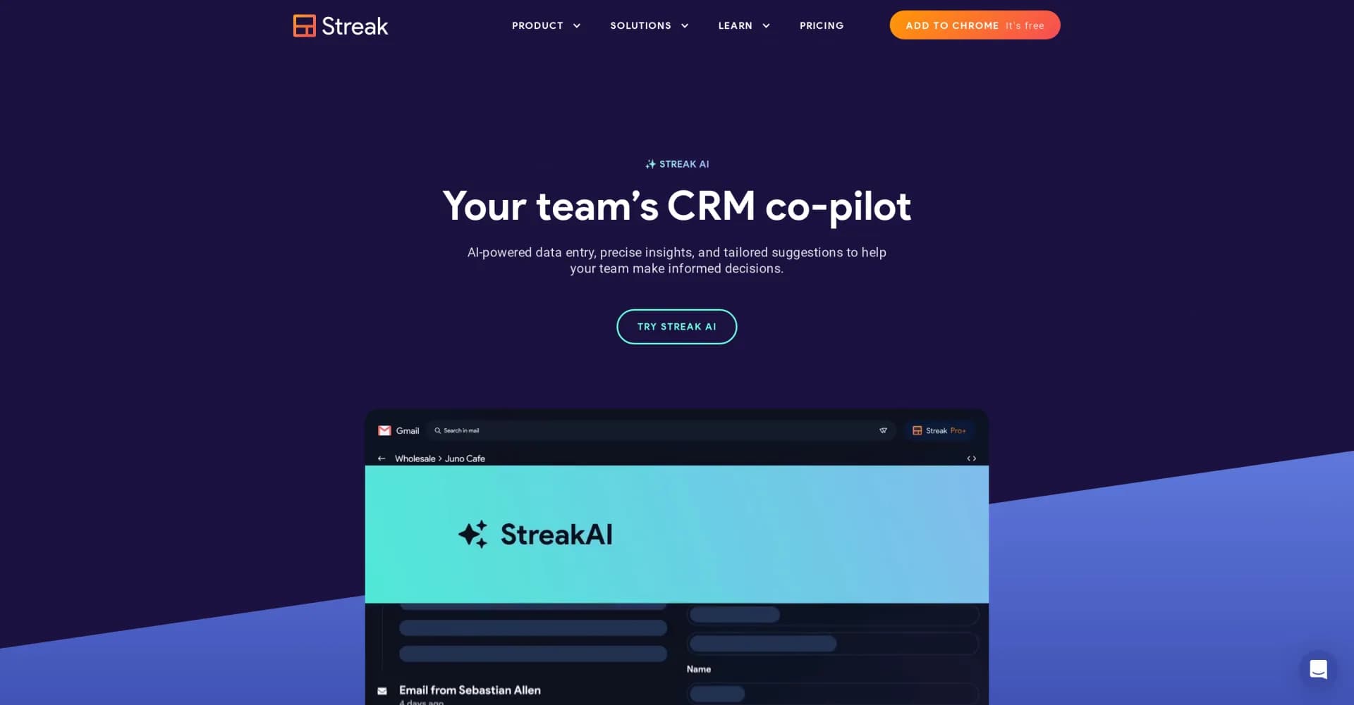 Streak AI homepage screenshot — AI-powered CRM co-pilot for Gmail