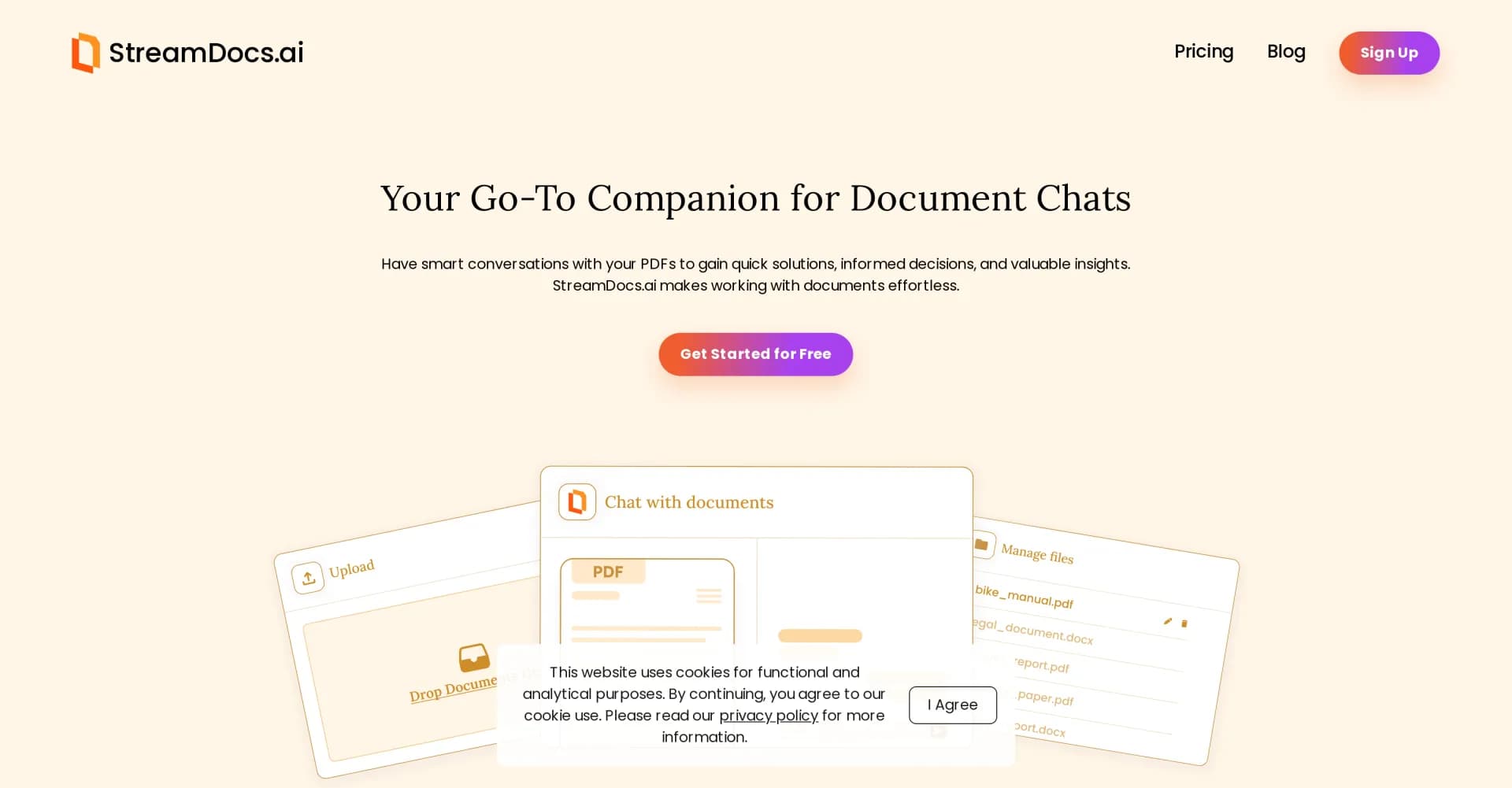 StreamDocs.ai homepage screenshot — Chat with your PDFs for quick insights and solutions.