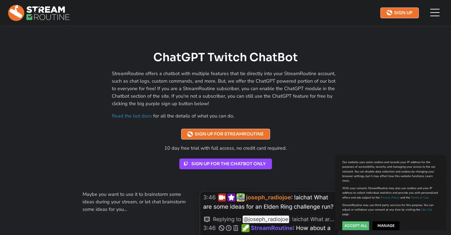 Streamroutine homepage screenshot — AI-powered ChatBot for Twitch streamers