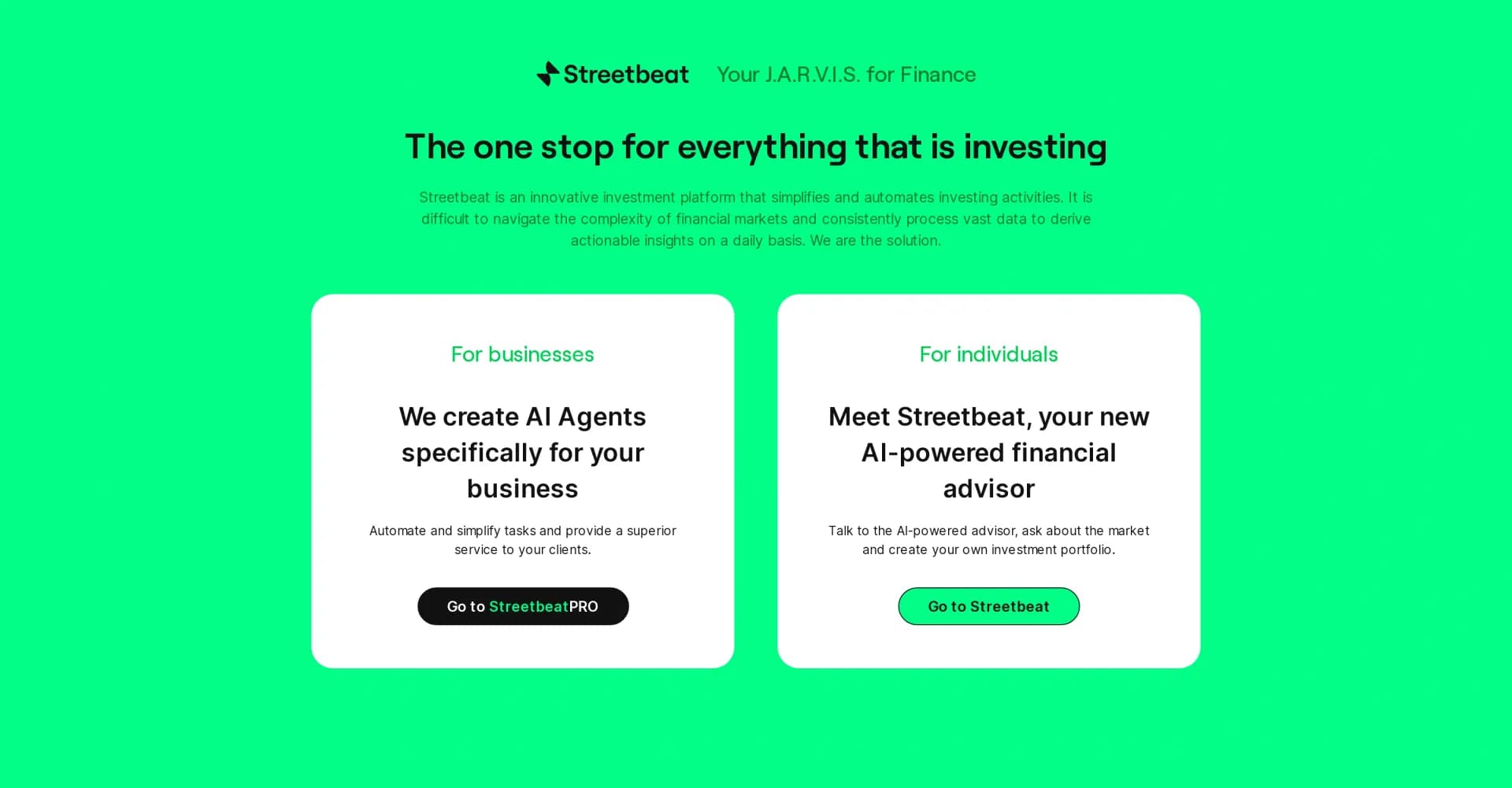 Streetbeat homepage screenshot — Your J.A.R.V.I.S. for Finance