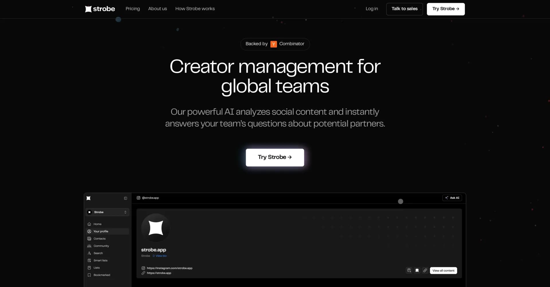 Strobe homepage screenshot — AI-powered influencer marketing for software companies