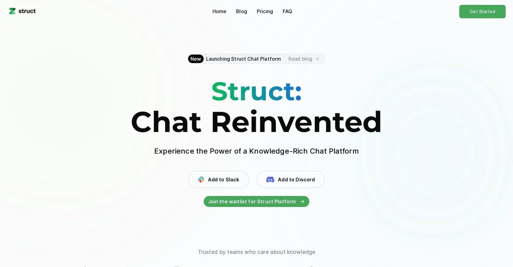 StructAI homepage screenshot — Experience the power of a knowledge-rich chat platform
