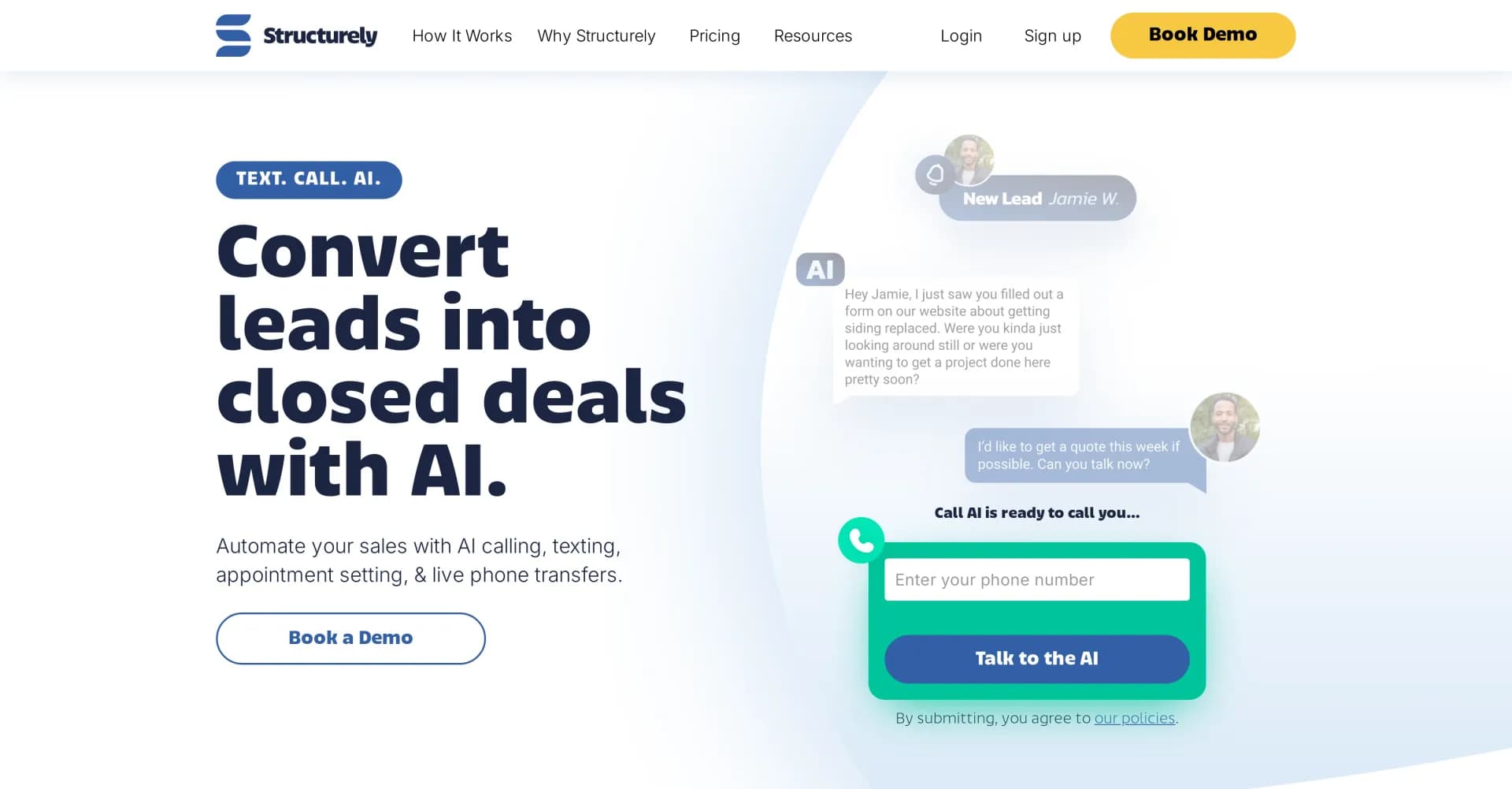 Structurely homepage screenshot — Automate sales with AI calling and lead nurturing.