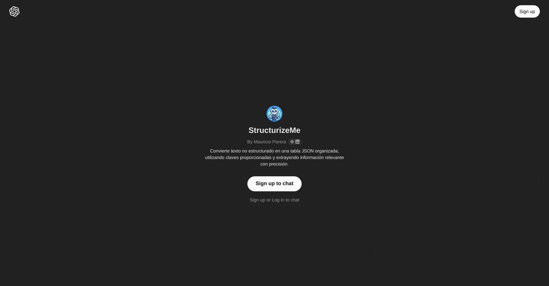 StructurizeMe homepage screenshot — Transform unstructured text into organized JSON tables.