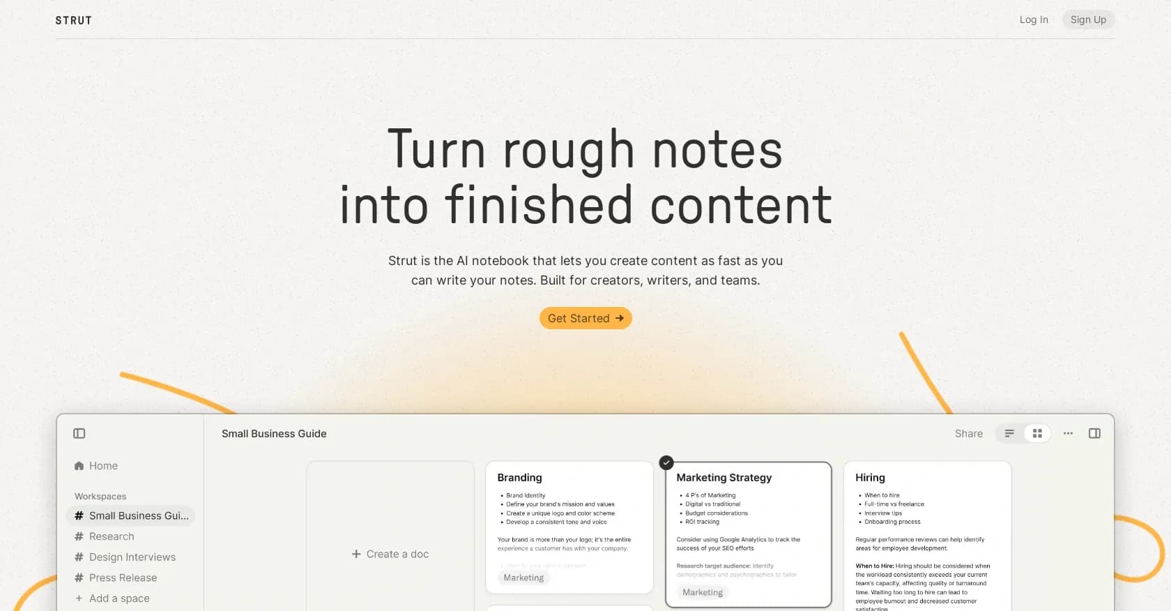 Strut homepage screenshot — AI notebook: Notes to content in a flash.
