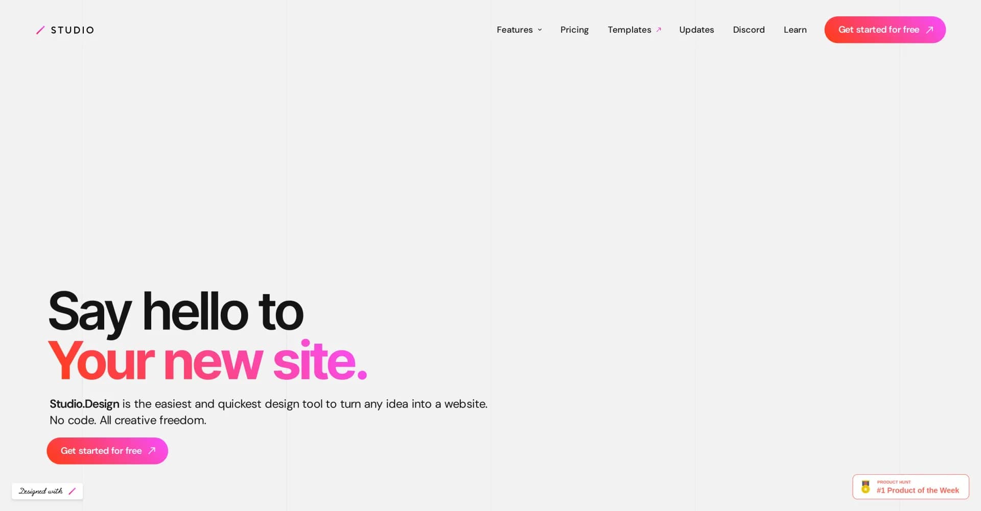 Studio Design homepage screenshot — Build stunning websites with creative freedom, no code requi