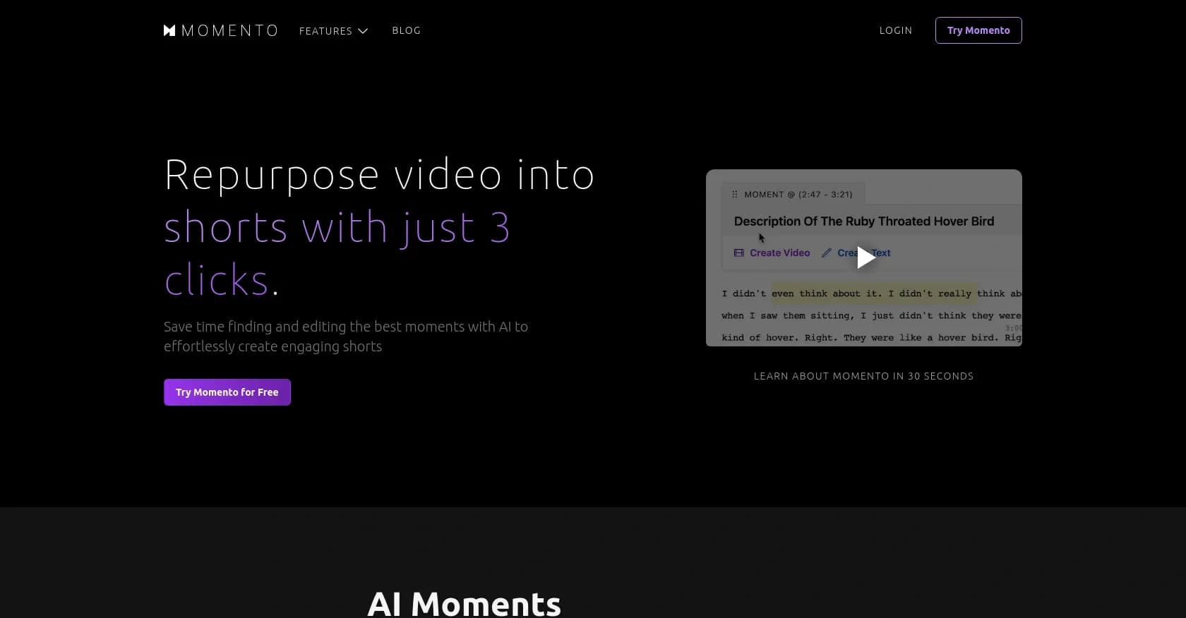 Studio Momento homepage screenshot — Create viral shorts from videos in seconds with AI