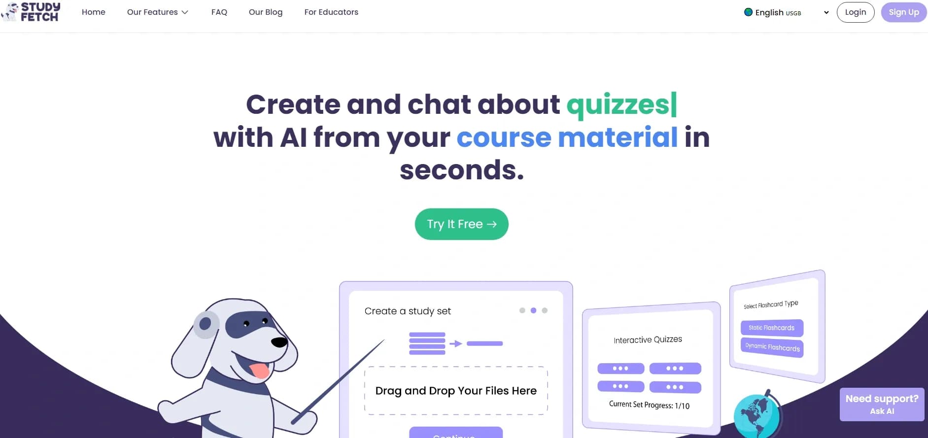 Study Fetch homepage screenshot — Transform course materials into AI-powered study tools