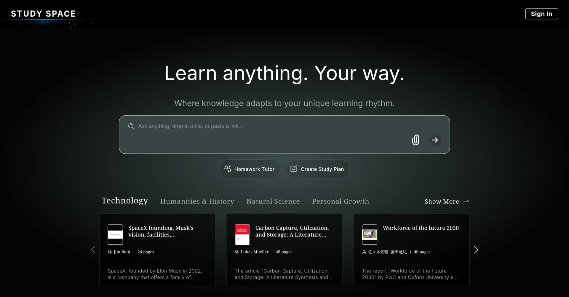 Study Space homepage screenshot — Transform documents into personalized AI lectures.