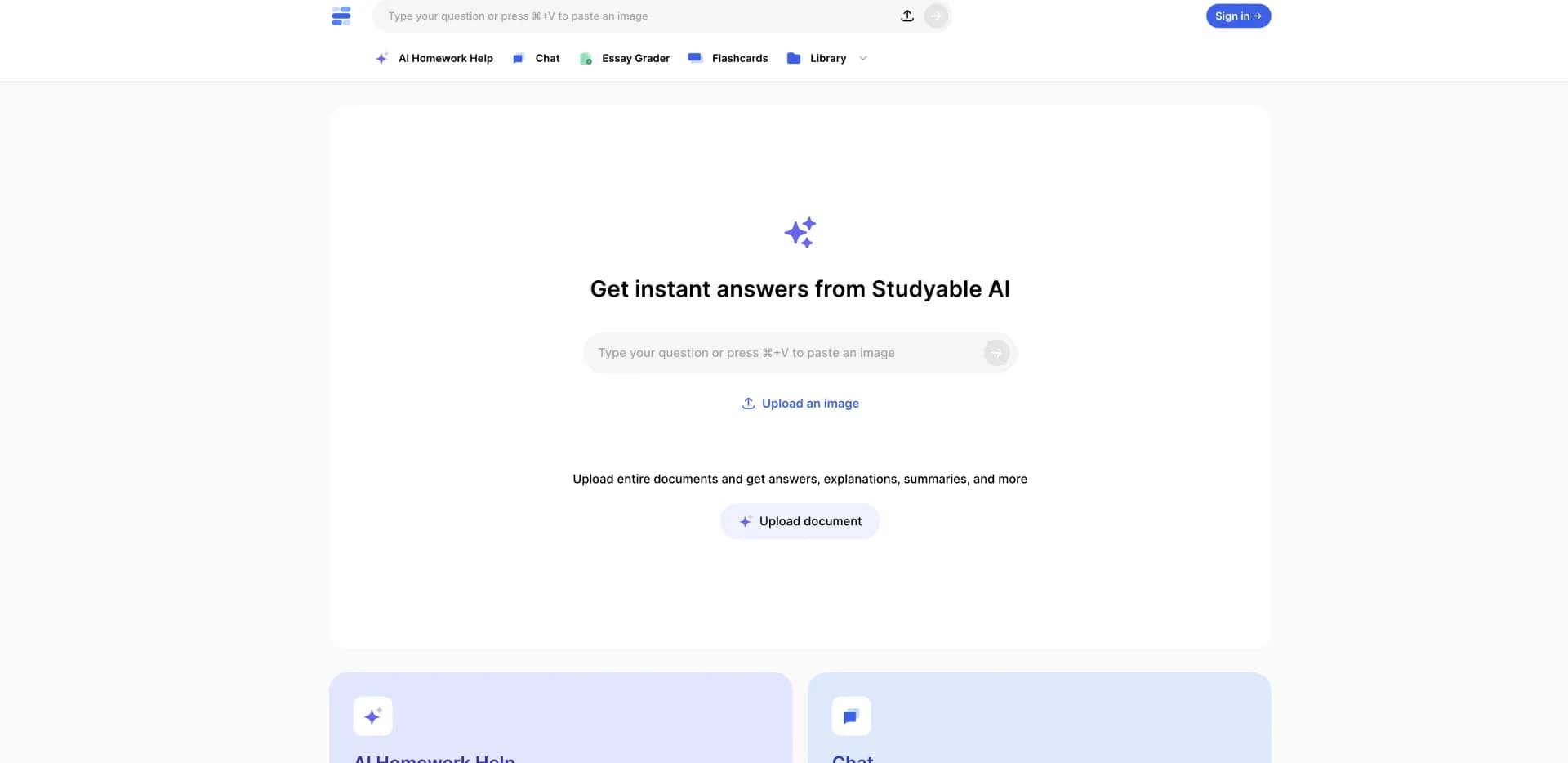Studyable homepage screenshot — Supercharge your studying with AI-powered tools