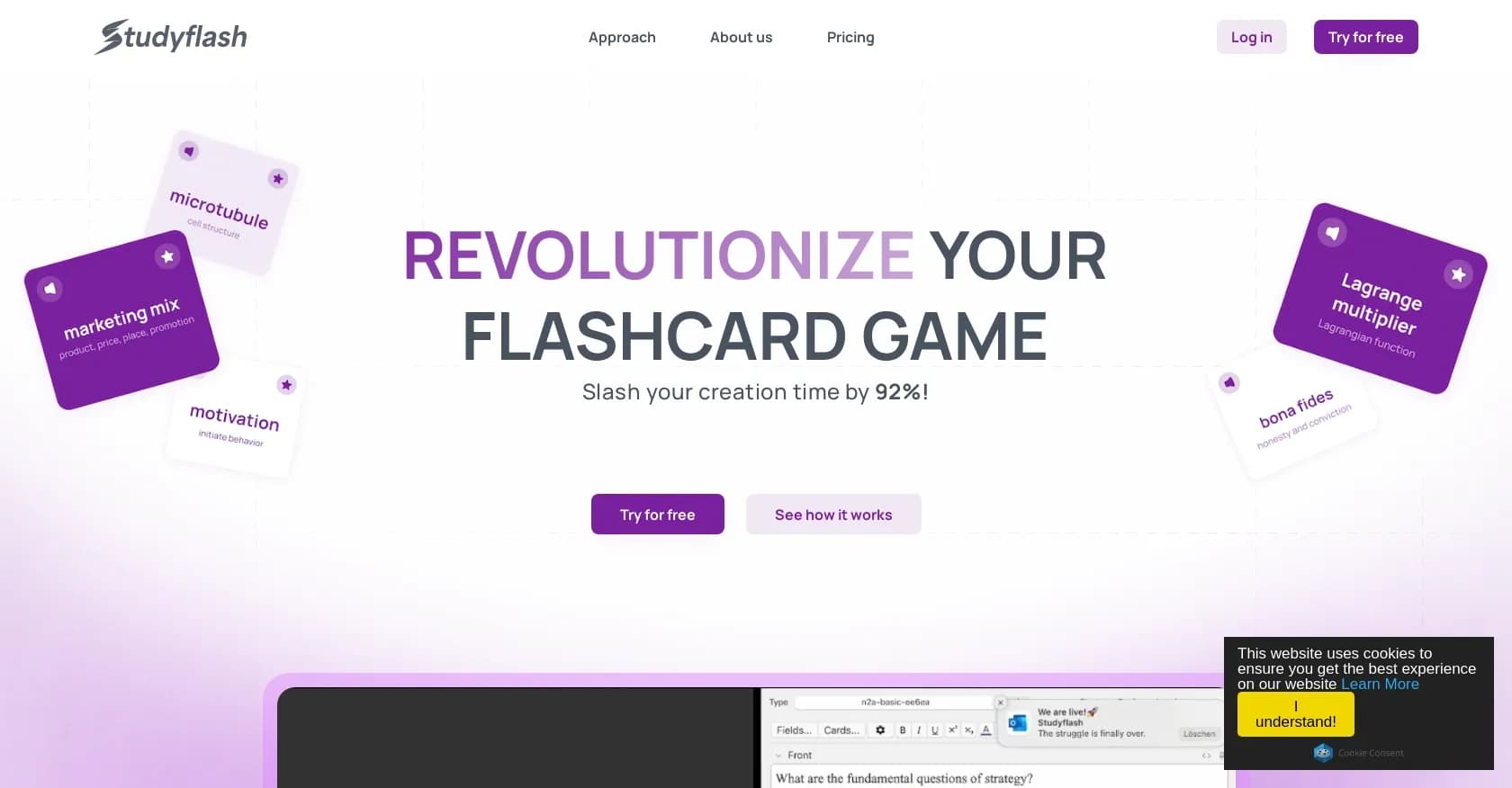 Studyflash homepage screenshot — AI-powered flashcards for effortless studying.