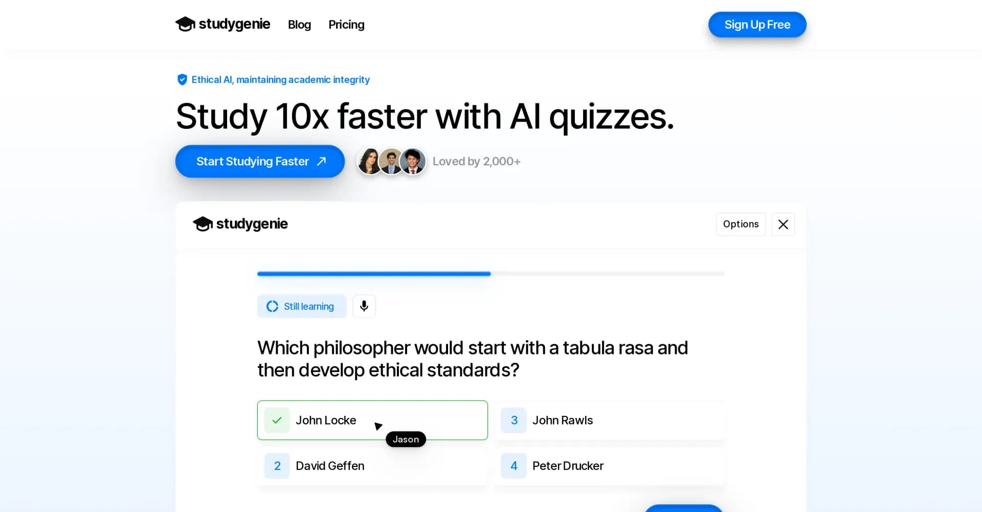Studygenie homepage screenshot — Study 10x faster with AI quizzes