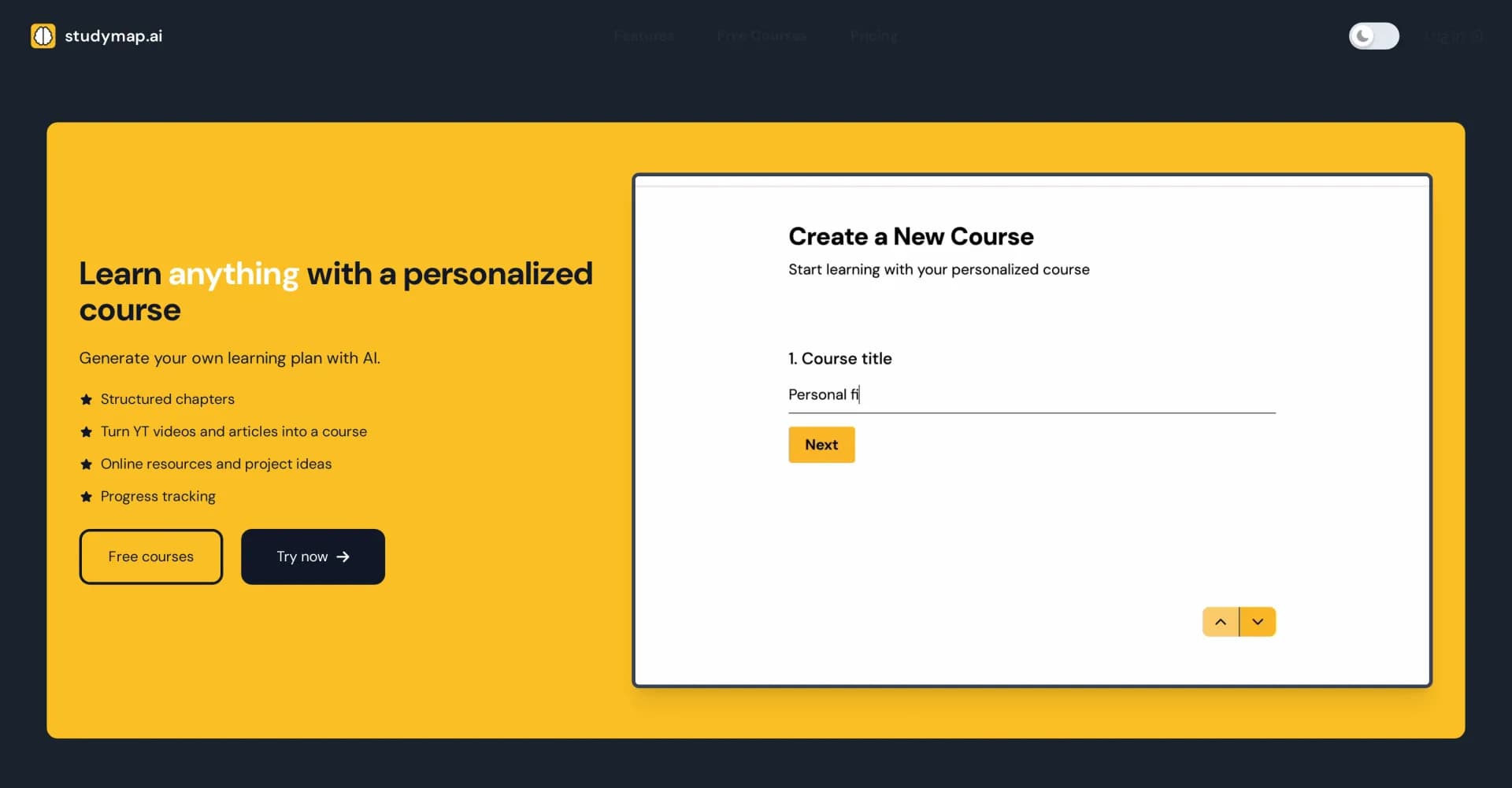 Studymap homepage screenshot — AI-powered course creation on any topic