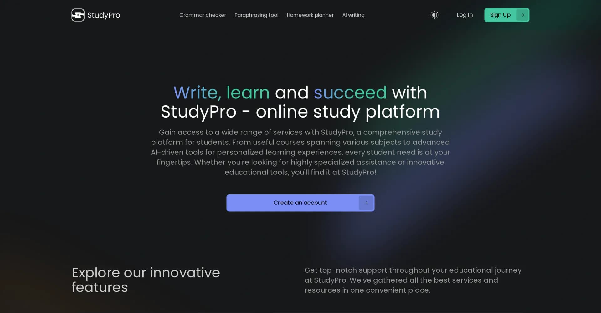 StudyPro homepage screenshot — Write, learn and succeed with StudyPro