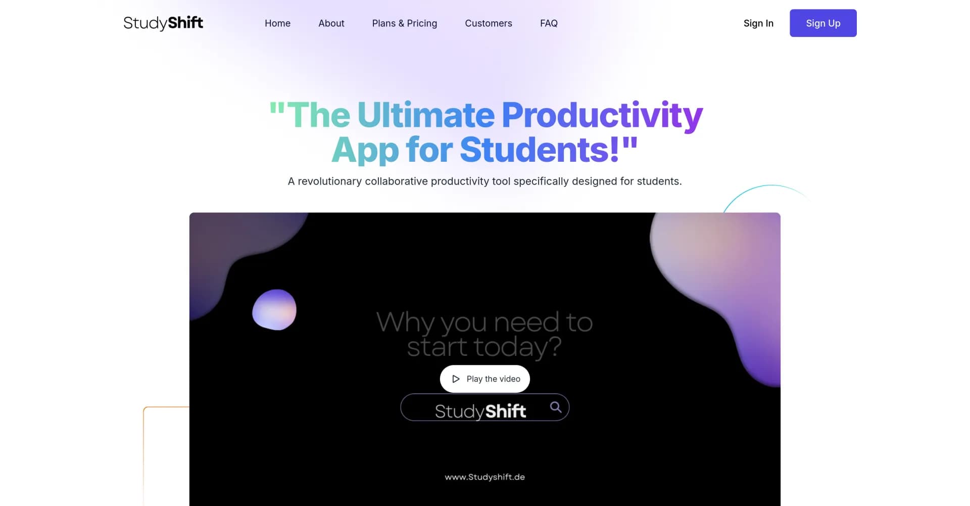 StudyShift homepage screenshot — Revolutionize your study habits with AI-powered productivity