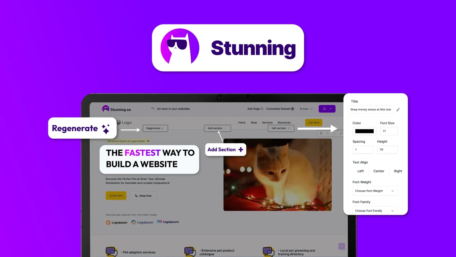 Stunning homepage screenshot — Build AI-powered websites in seconds