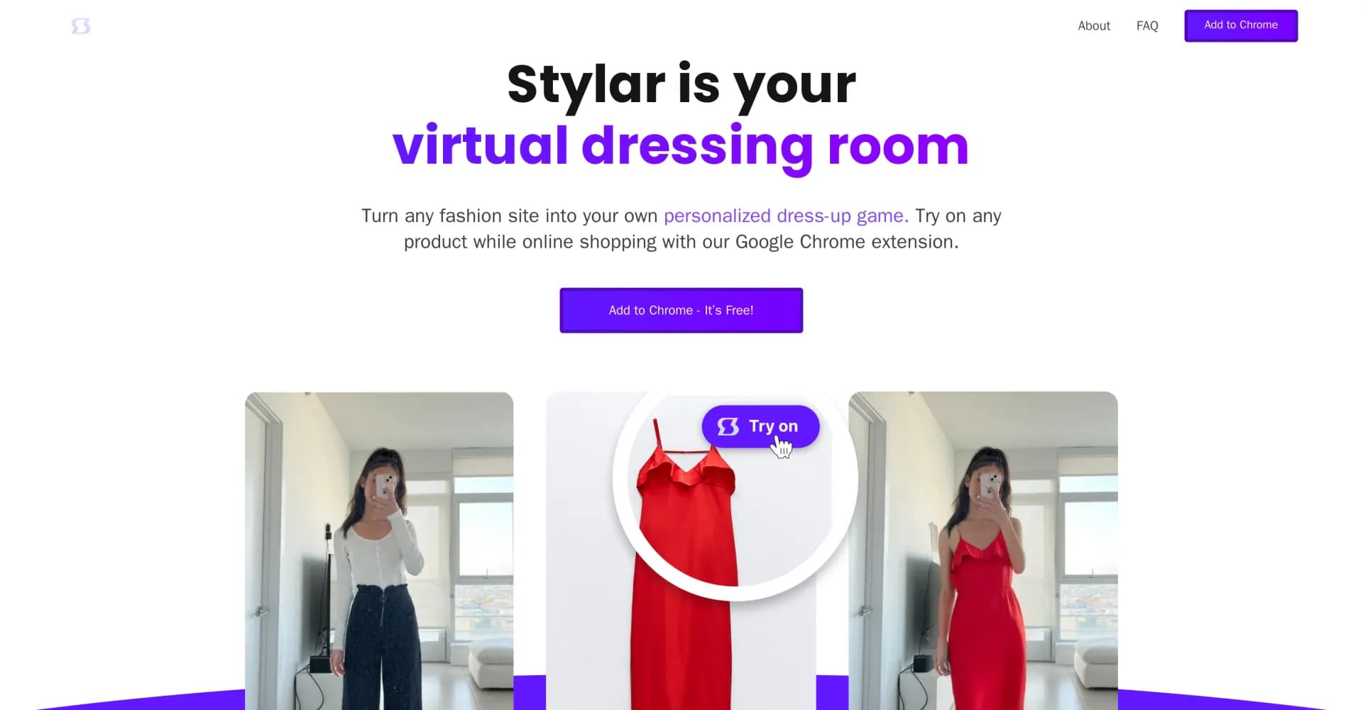 Stylar homepage screenshot — Try on clothes virtually from 20,000+ brands.