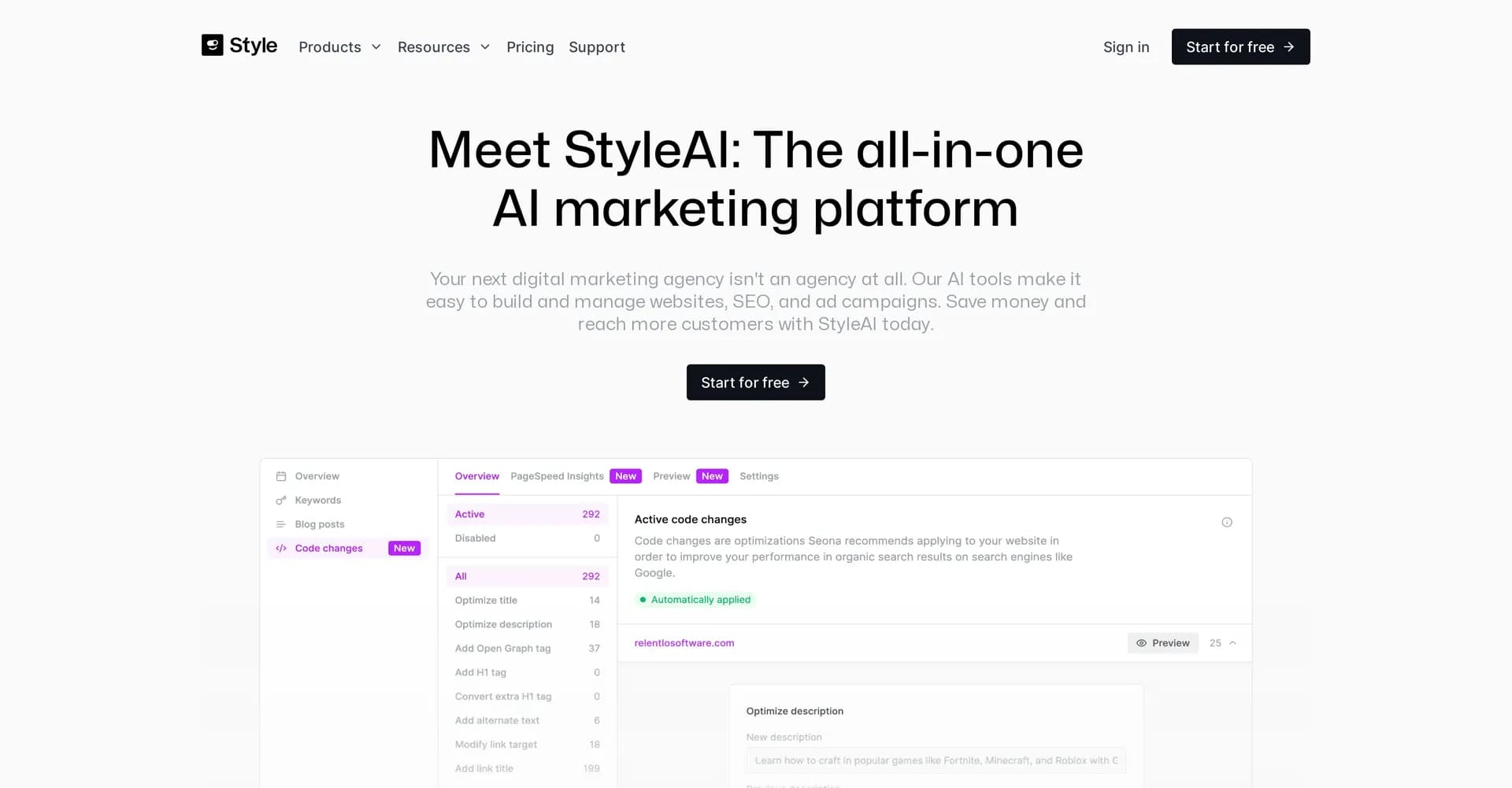 Style AI homepage screenshot — AI-powered marketing platform for websites, SEO, and ads.