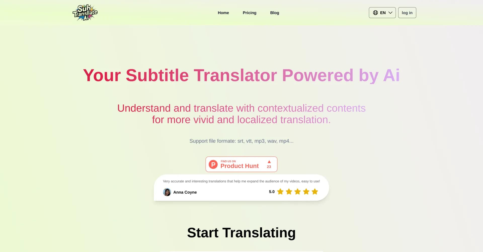 Sub Translate AI homepage screenshot — AI-powered subtitle translation for global audiences.