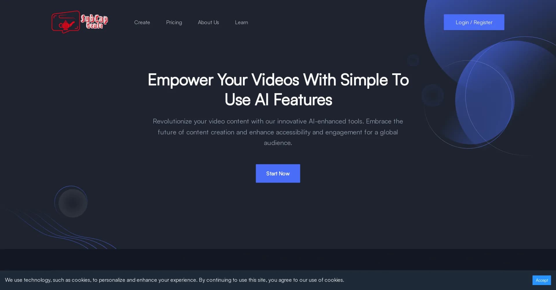 SubCapGenie homepage screenshot — AI-powered captioning and translation for video editors
