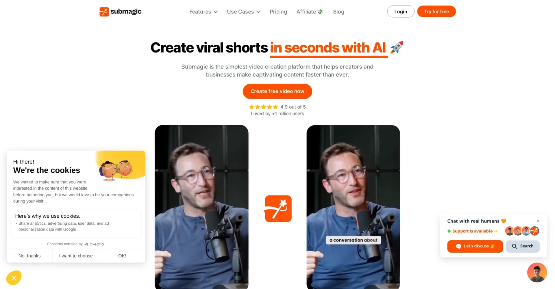 Submagic homepage screenshot — AI-powered captions for viral TikTok videos