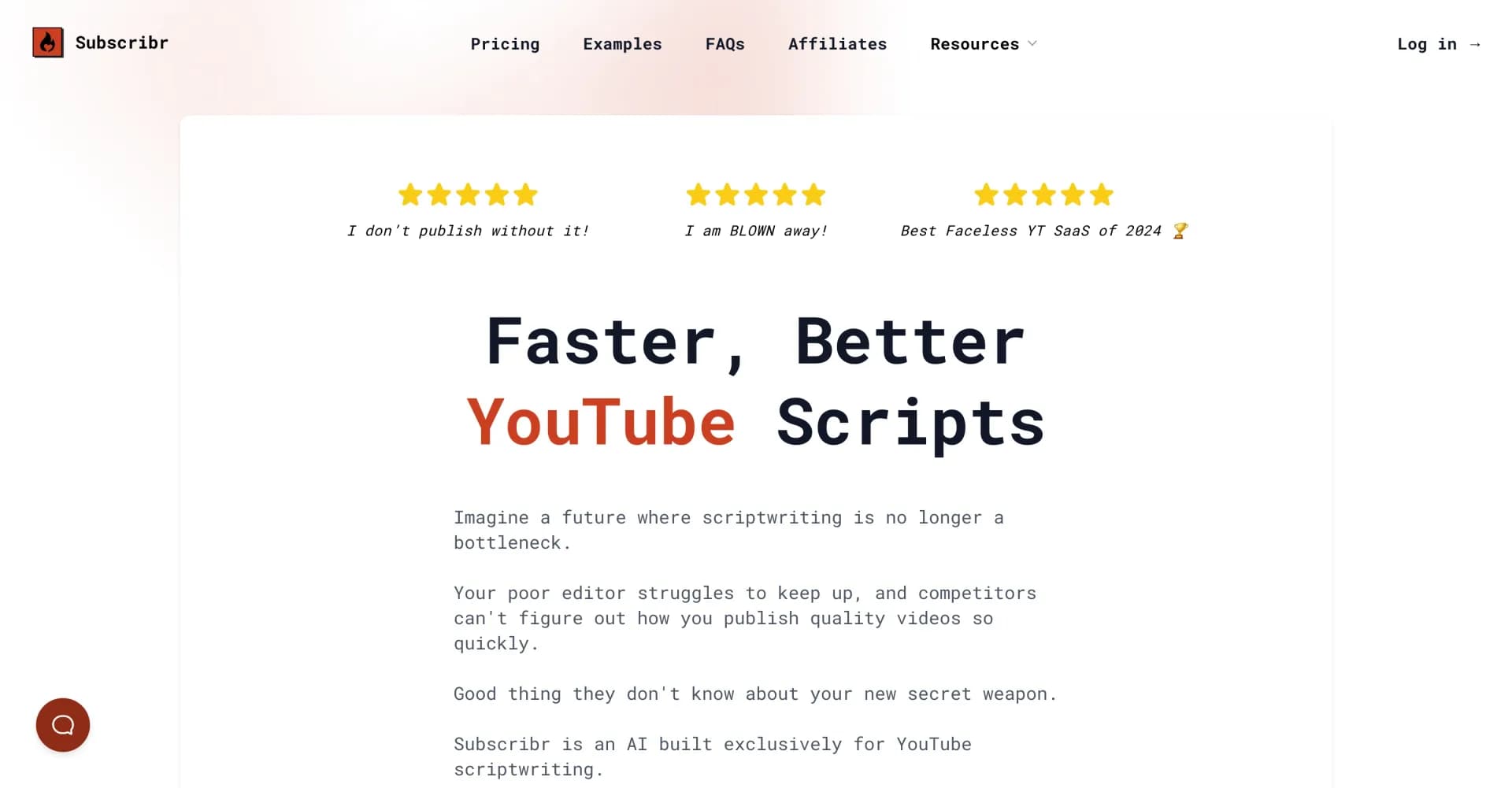 Subscribr homepage screenshot — Consistently write engaging YouTube scripts with AI.
